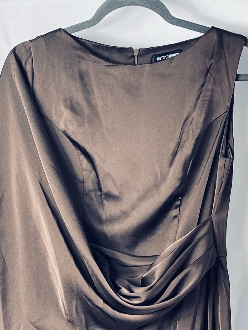 Chocolate Asymmetric Cape Detail Boat neck Satin Long Maxi Dress Prom 10 NWT
